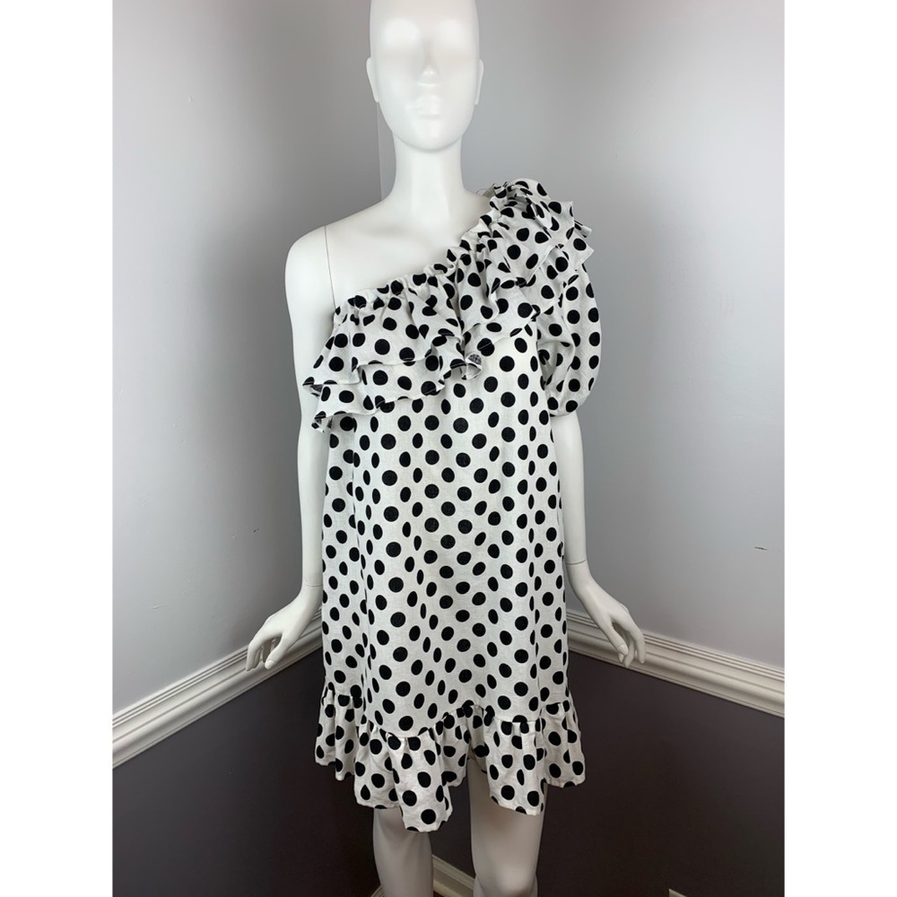 Black & white polka dot one shoulder linen dress